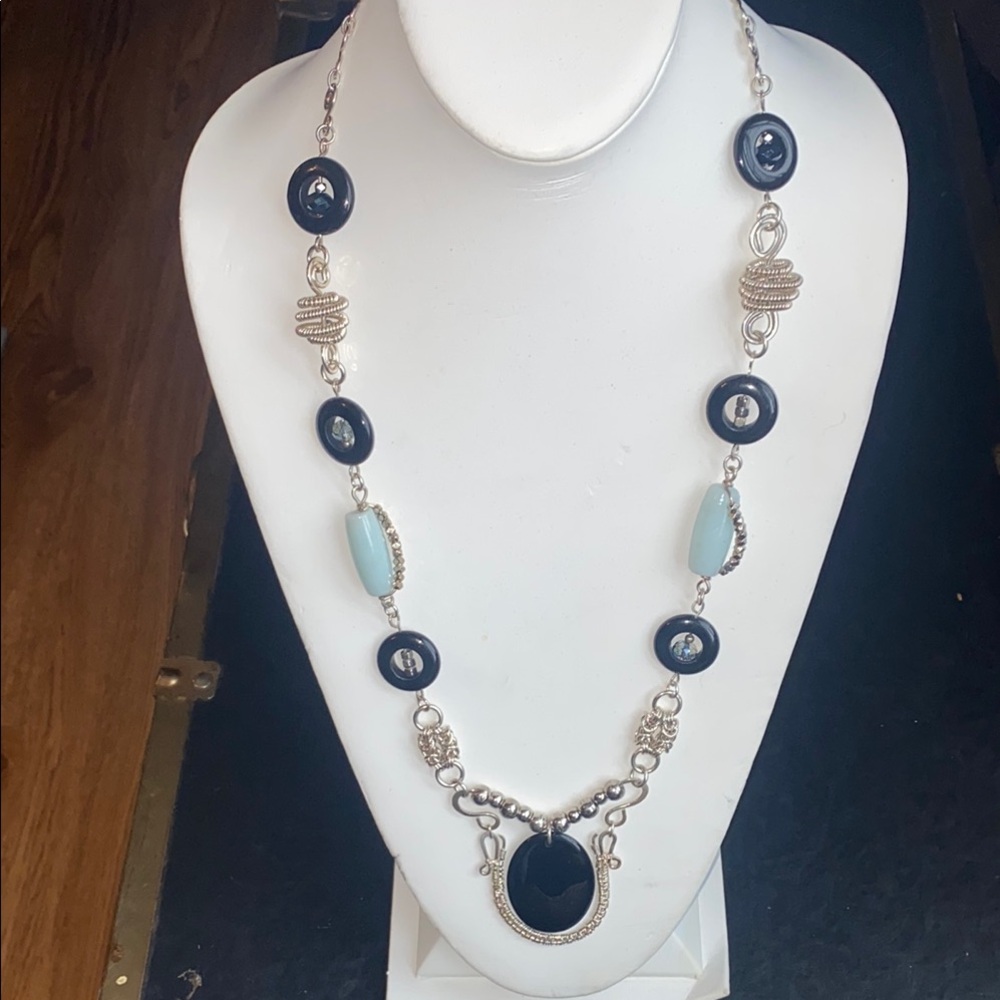 27” Handmade Black and Silver Necklace with Distinctive Pendant and Beads